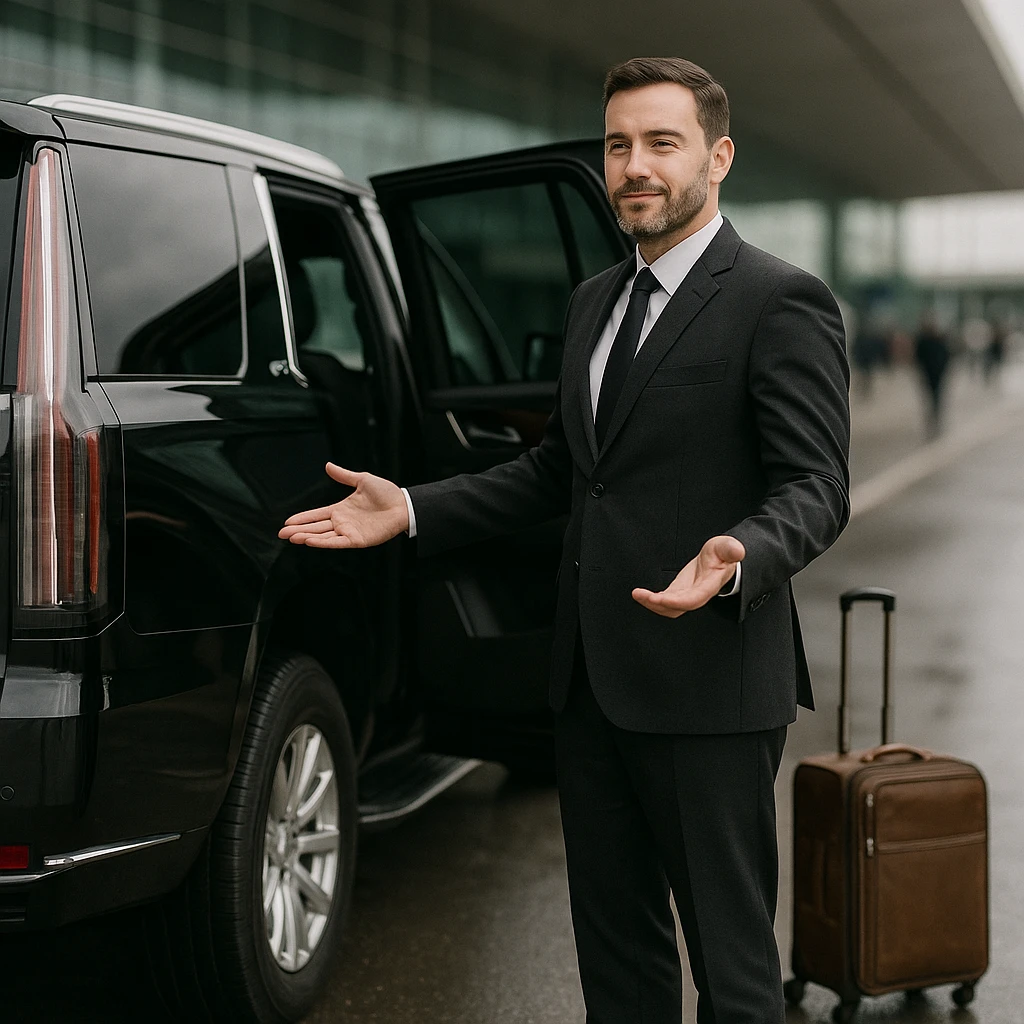 Monarch chauffeur opening the rear door of a black luxury SUV at the airport curb