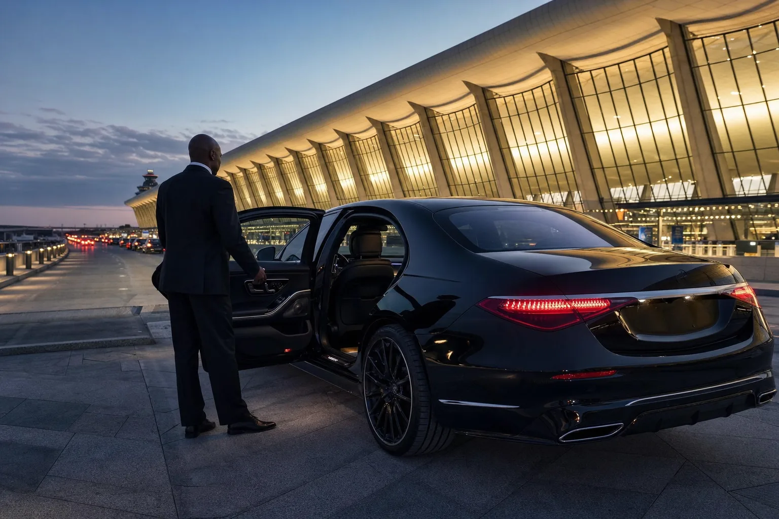 Black Mercedes-Benz S580 at the Dulles IAD terminal at dusk with a chauffeur