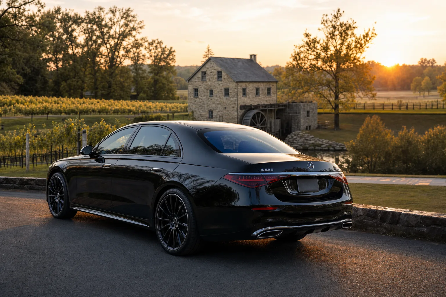 Black Mercedes-Benz S580 sedan in Aldie, VA at golden hour, Monarch luxury chauffeur service