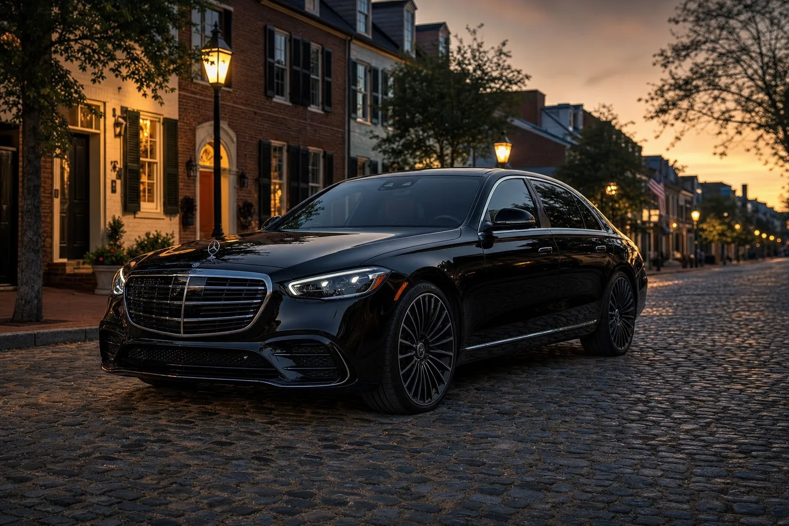Black Mercedes-Benz S580 sedan in Alexandria, VA at golden hour, Monarch luxury chauffeur service