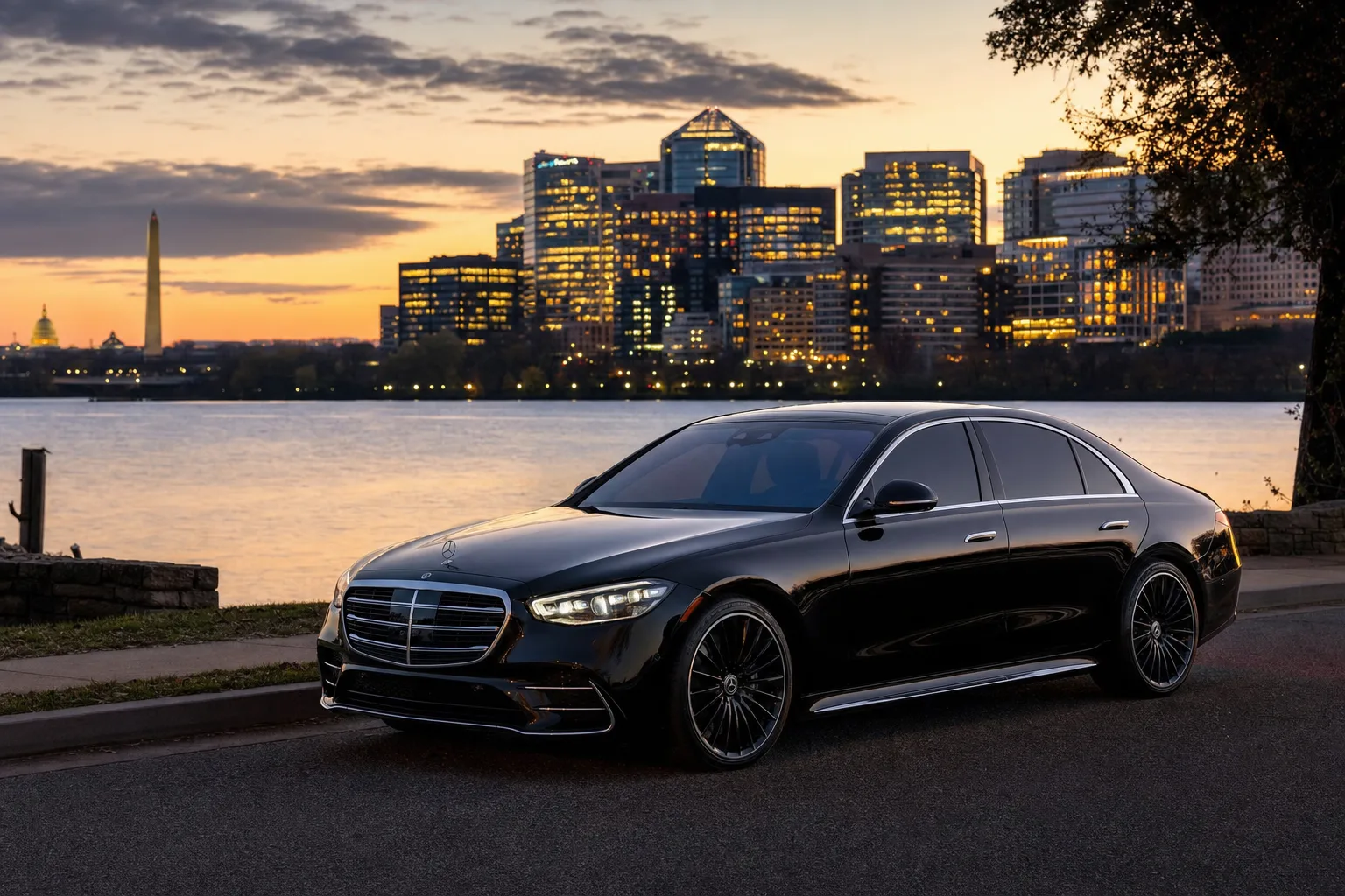 Black Mercedes-Benz S580 sedan in Arlington, VA at golden hour, Monarch luxury chauffeur service