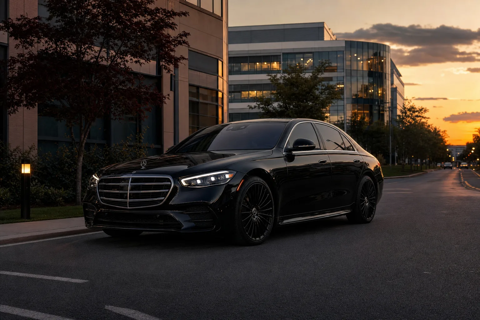 Black Mercedes-Benz S580 sedan in Ashburn, VA at golden hour, Monarch luxury chauffeur service