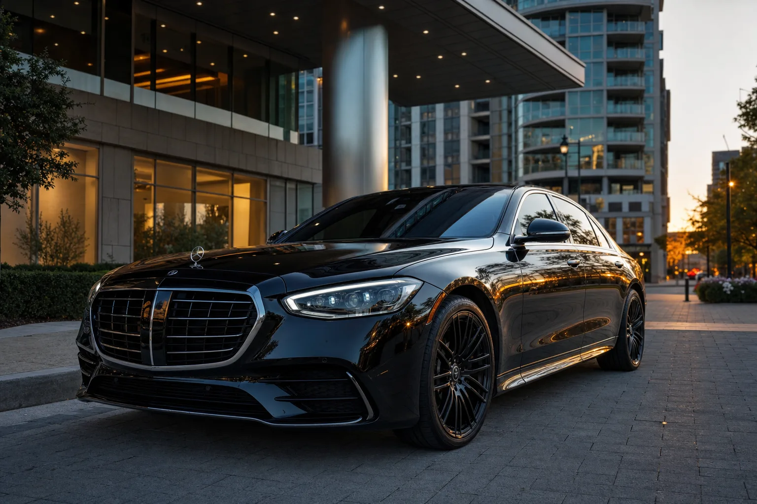 Black Mercedes-Benz S580 sedan in Bethesda, MD at golden hour, Monarch luxury chauffeur service