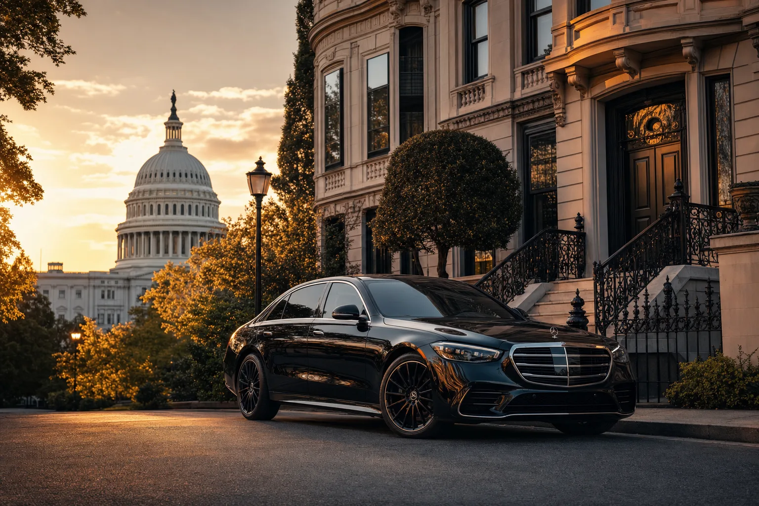 Black Mercedes-Benz S580 sedan in Capitol Hill, DC at golden hour, Monarch luxury chauffeur service