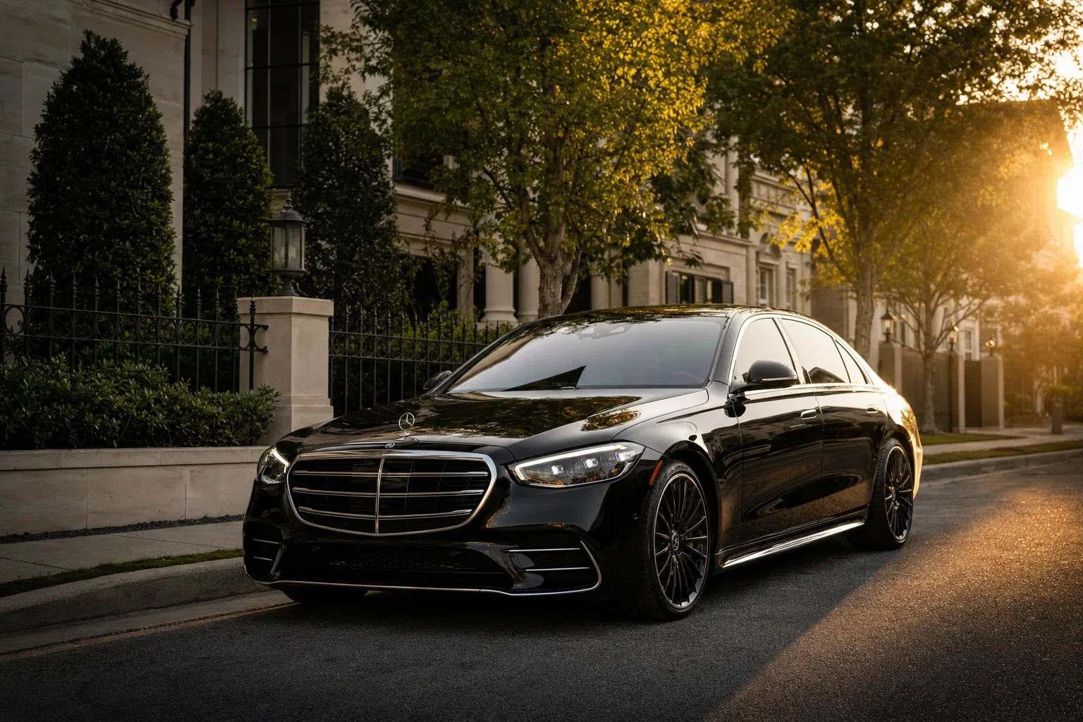 Black Mercedes-Benz S580 sedan in Centreville, VA at golden hour, Monarch luxury chauffeur service