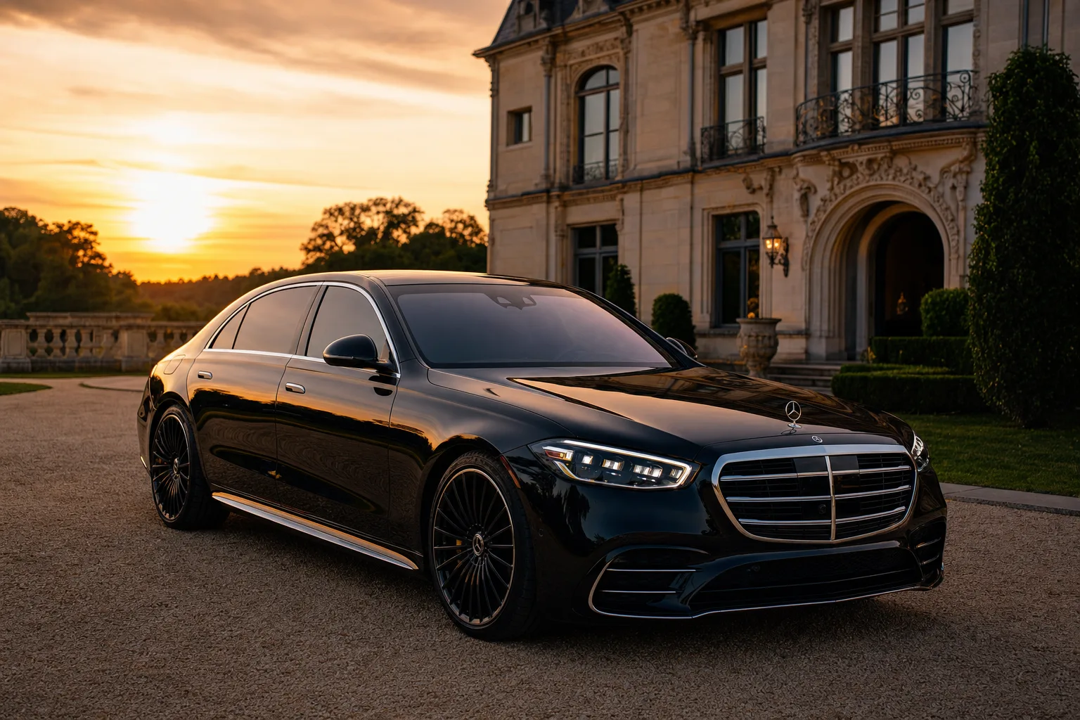 Black Mercedes-Benz S580 sedan in Chantilly, VA at golden hour, Monarch luxury chauffeur service