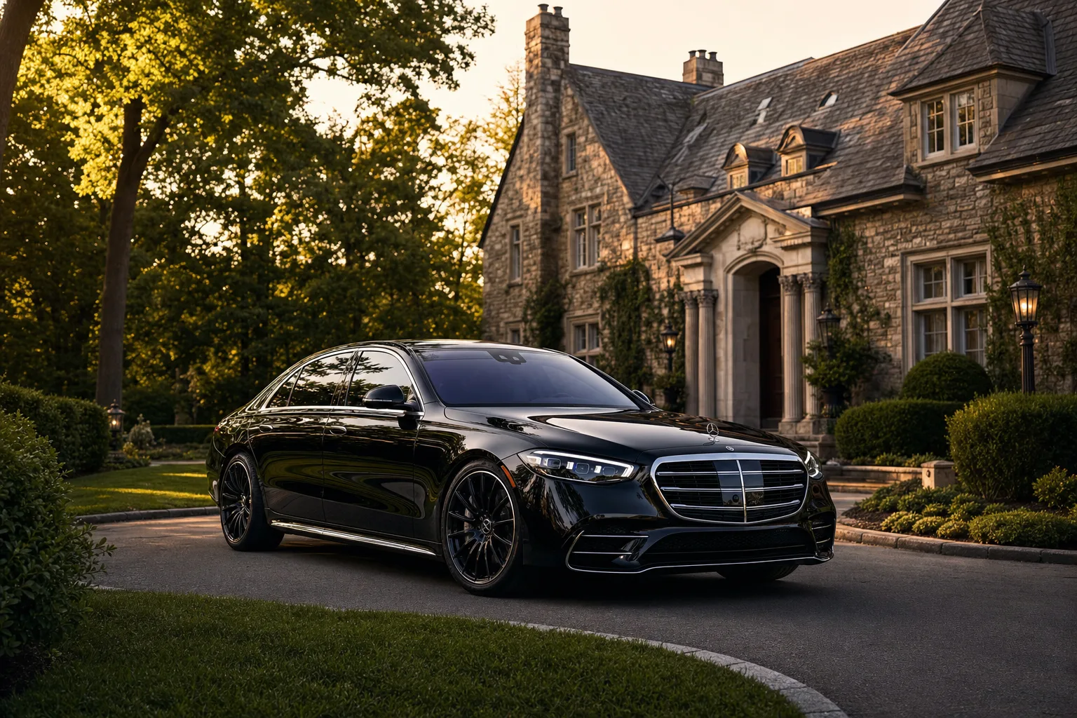 Black Mercedes-Benz S580 sedan in Chevy Chase, MD at golden hour, Monarch luxury chauffeur service