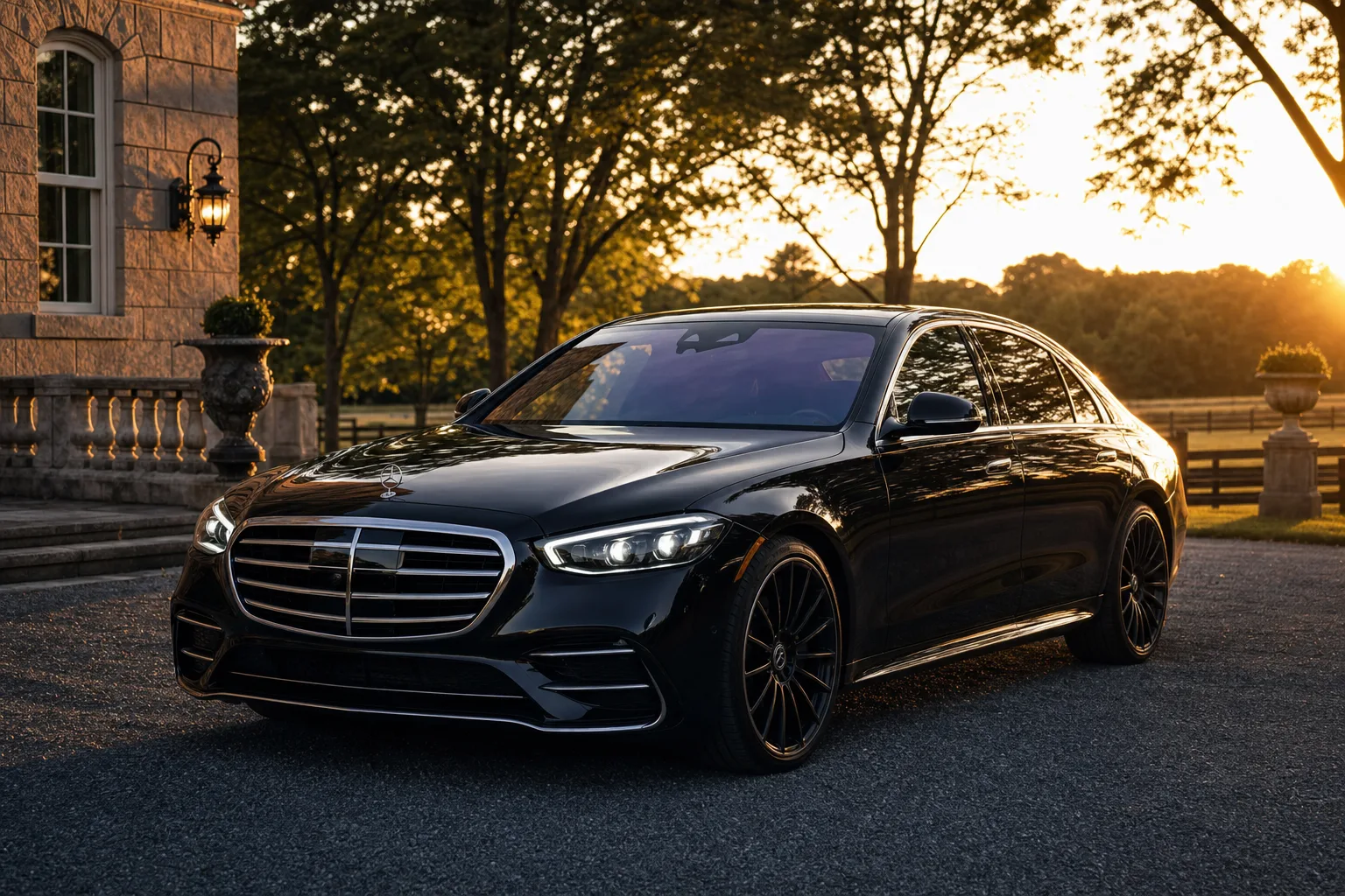 Black Mercedes-Benz S580 sedan in Clarksville, MD at golden hour, Monarch luxury chauffeur service