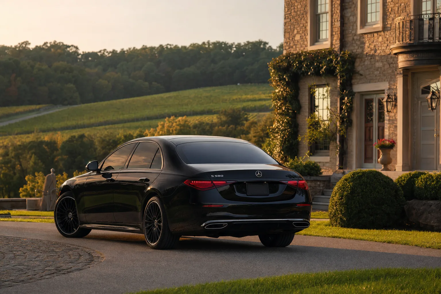 Black Mercedes-Benz S580 sedan in Clifton, VA at golden hour, Monarch luxury chauffeur service