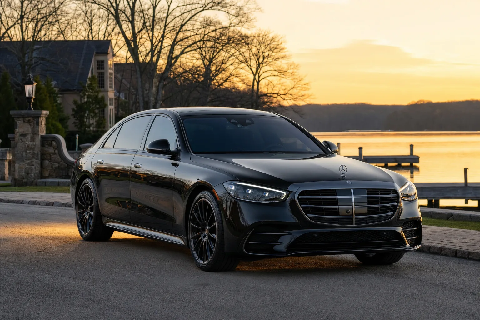 Black Mercedes-Benz S580 sedan in Columbia, MD at golden hour, Monarch luxury chauffeur service