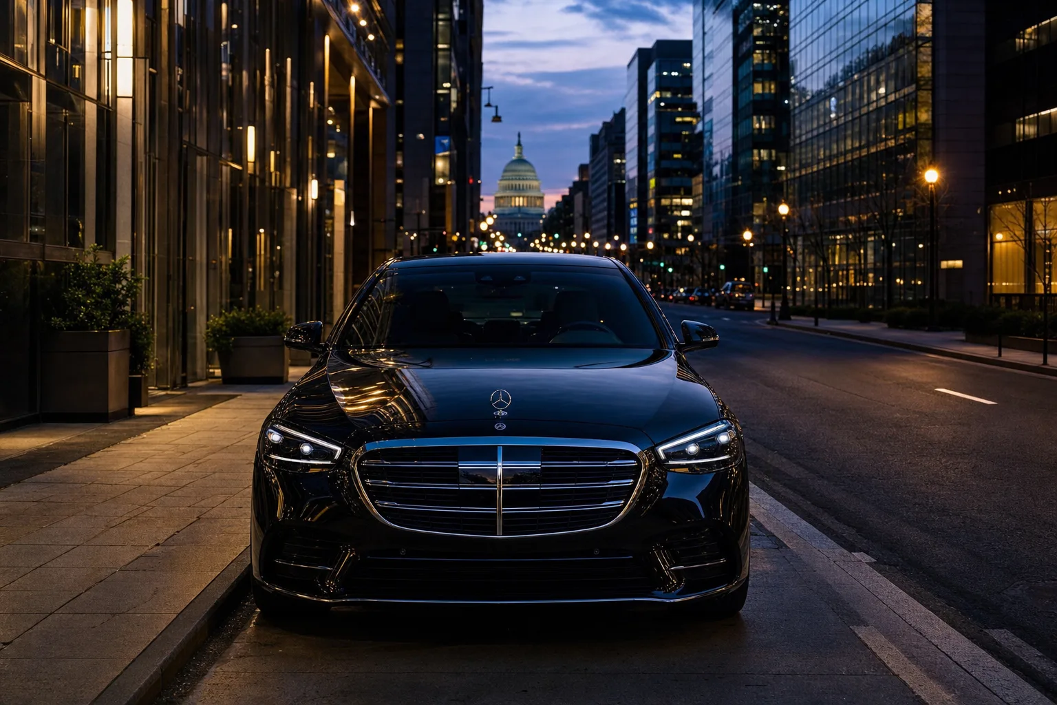 Black Mercedes-Benz S580 sedan in Downtown, DC at golden hour, Monarch luxury chauffeur service