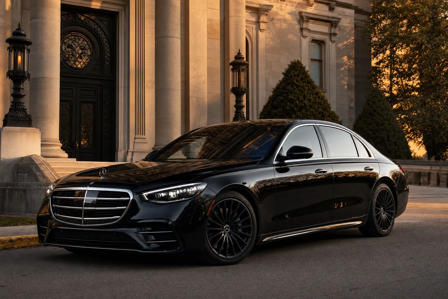 Black Mercedes-Benz S580 sedan in Fairfax, VA at golden hour, Monarch luxury chauffeur service
