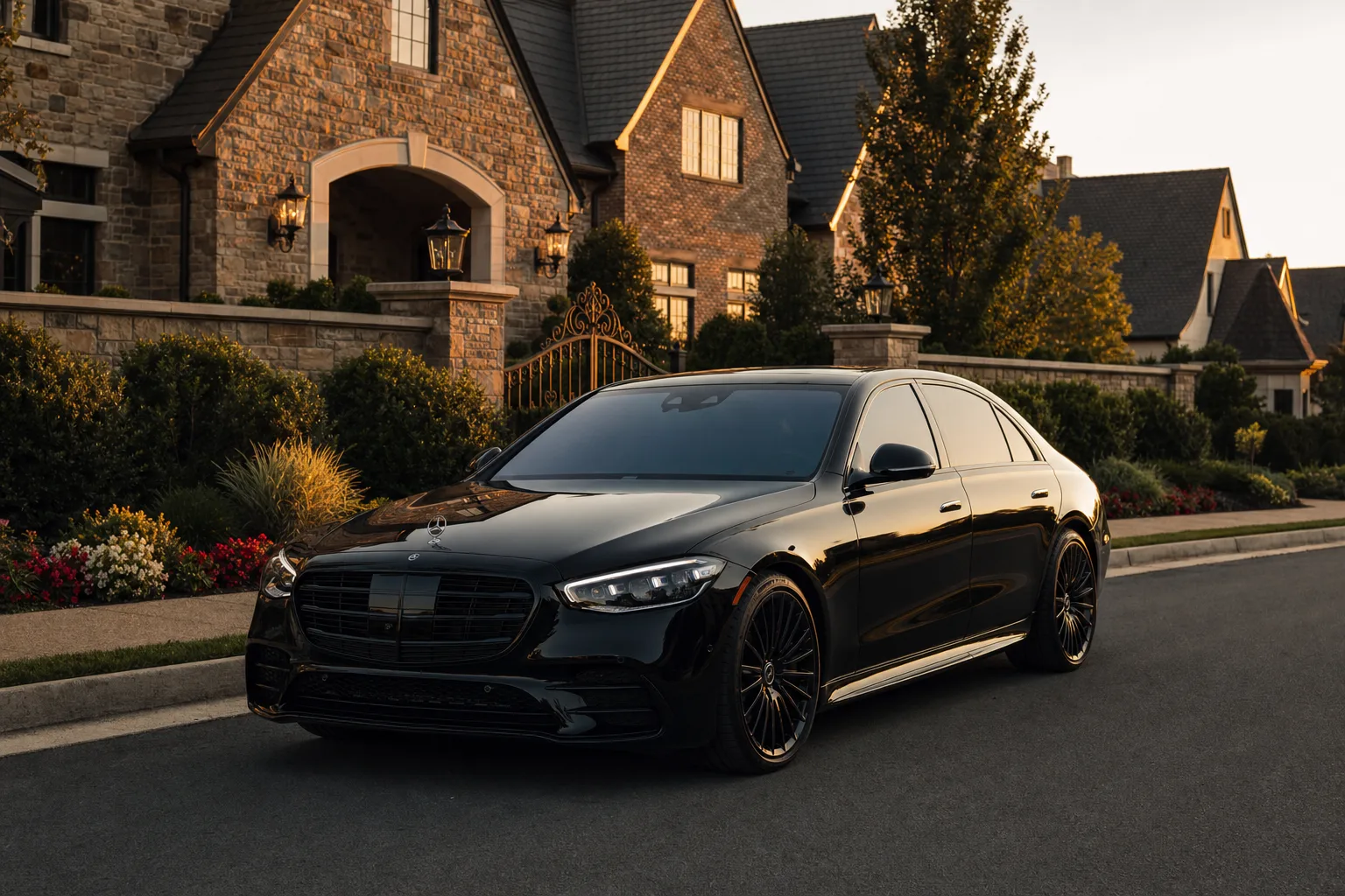 Black Mercedes-Benz S580 sedan in Gainesville, VA at golden hour, Monarch luxury chauffeur service