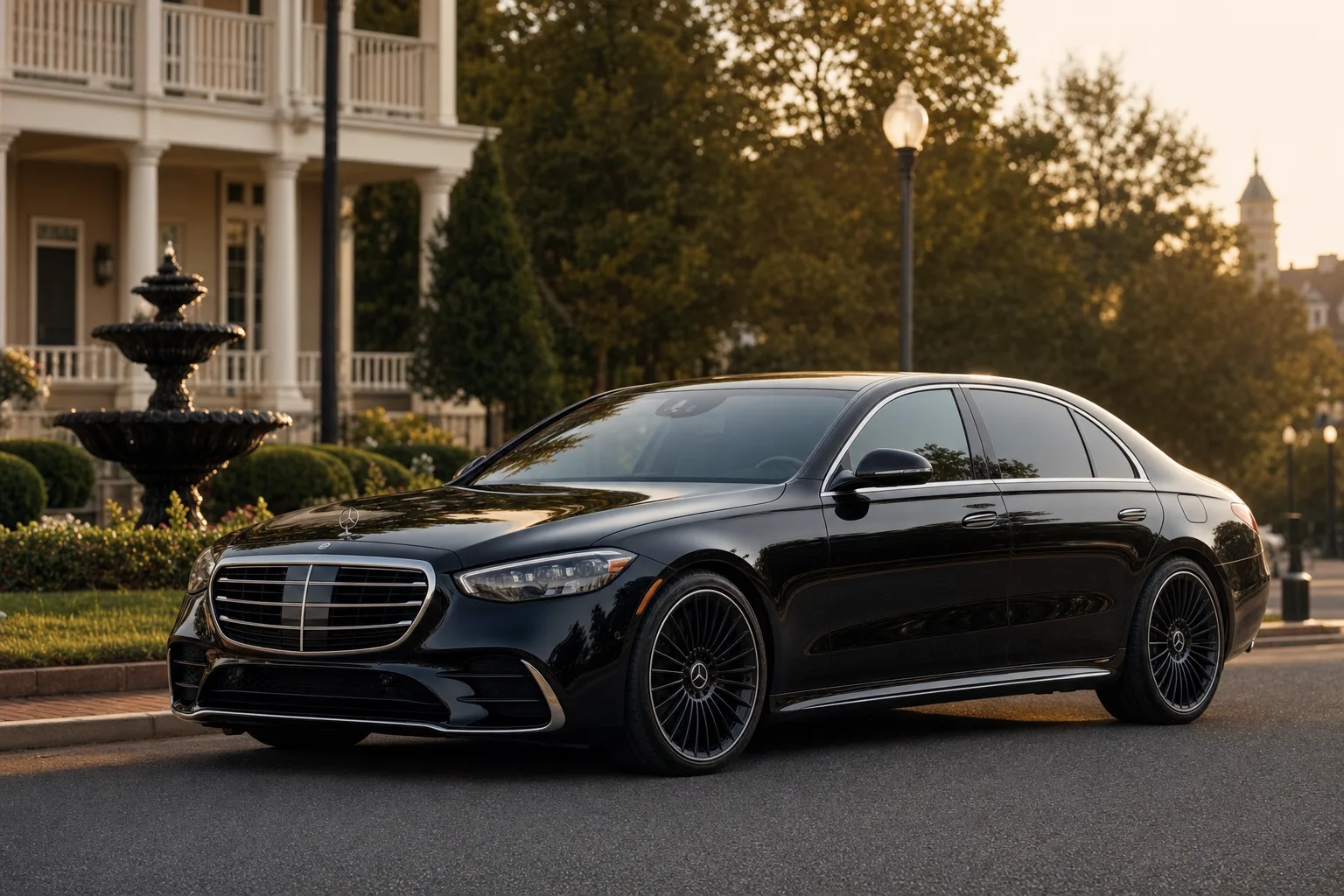 Black Mercedes-Benz S580 sedan in Gaithersburg, MD at golden hour, Monarch luxury chauffeur service