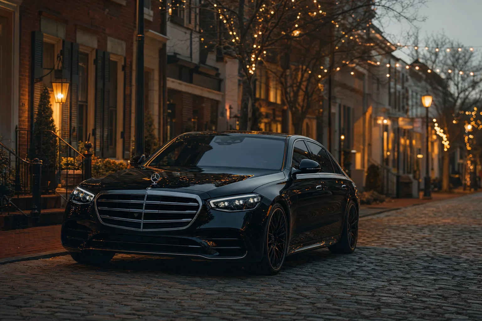 Black Mercedes-Benz S580 sedan in Georgetown, DC at golden hour, Monarch luxury chauffeur service