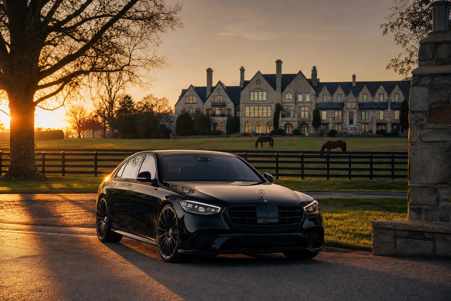 Black Mercedes-Benz S580 sedan in Great Falls, VA at golden hour, Monarch luxury chauffeur service