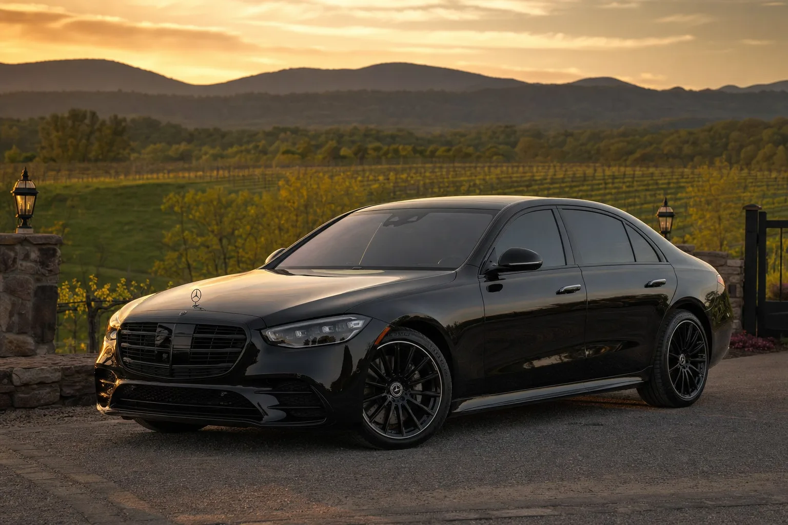 Black Mercedes-Benz S580 sedan in Haymarket, VA at golden hour, Monarch luxury chauffeur service