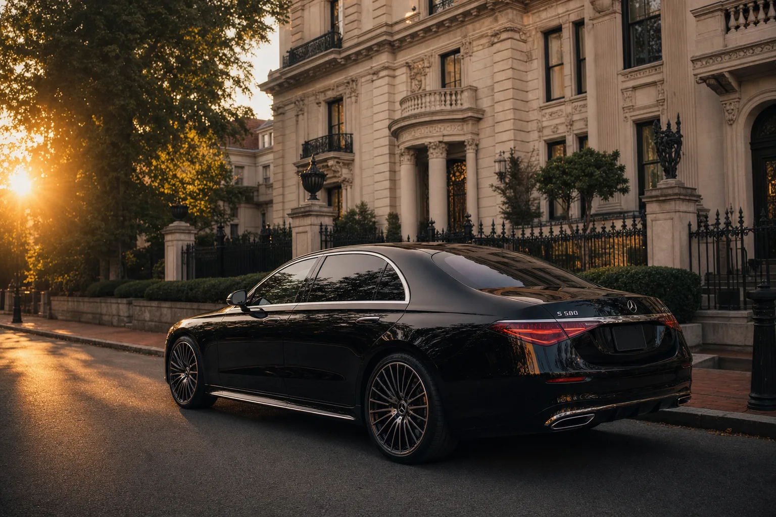 Black Mercedes-Benz S580 sedan in Kalorama, DC at golden hour, Monarch luxury chauffeur service