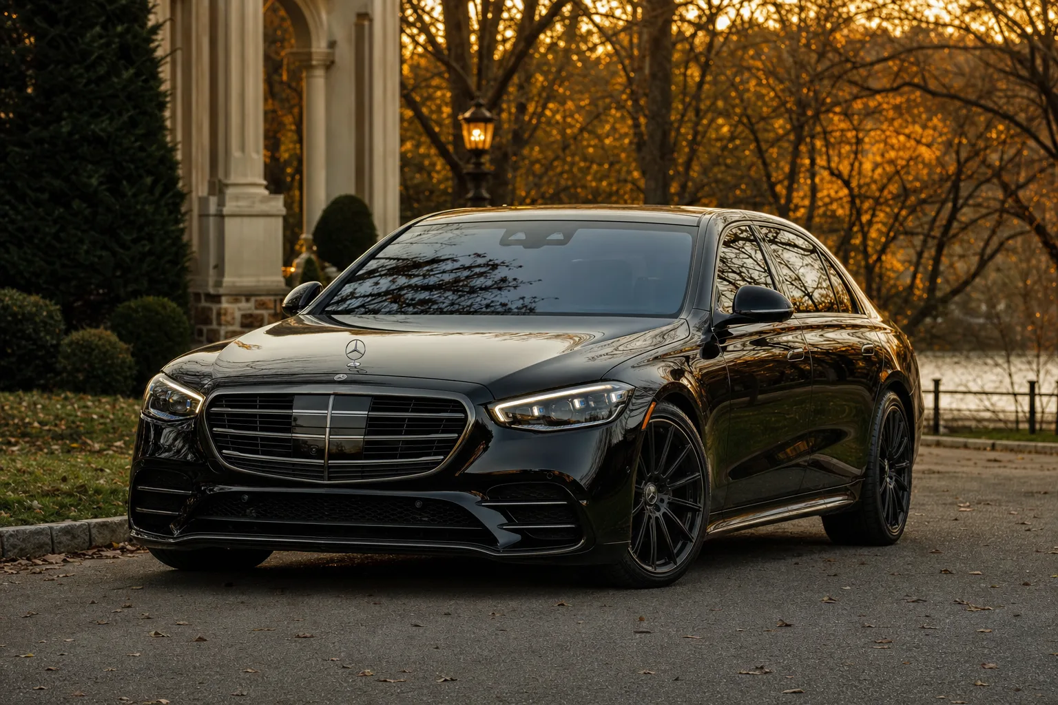 Black Mercedes-Benz S580 sedan in Lorton, VA at golden hour, Monarch luxury chauffeur service