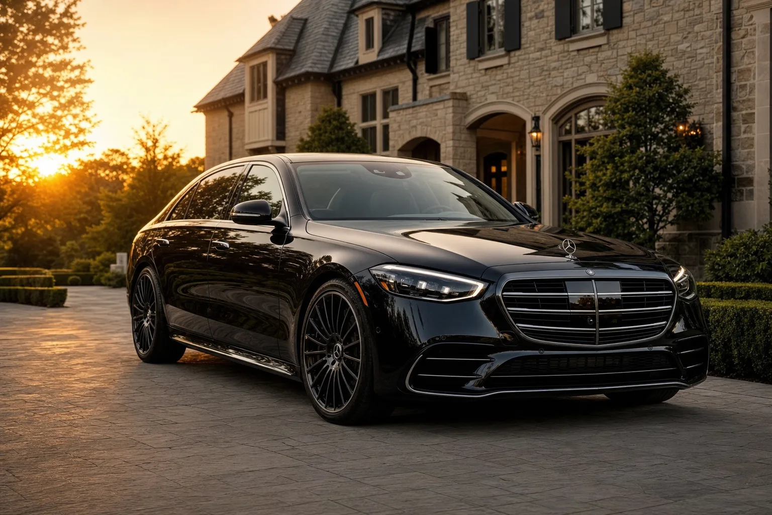 Black Mercedes-Benz S580 sedan in McLean, VA at golden hour, Monarch luxury chauffeur service