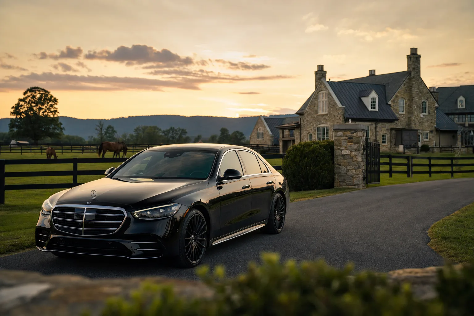 Black Mercedes-Benz S580 parked outside a Middleburg Virginia equestrian estate with horse pastures at golden hour