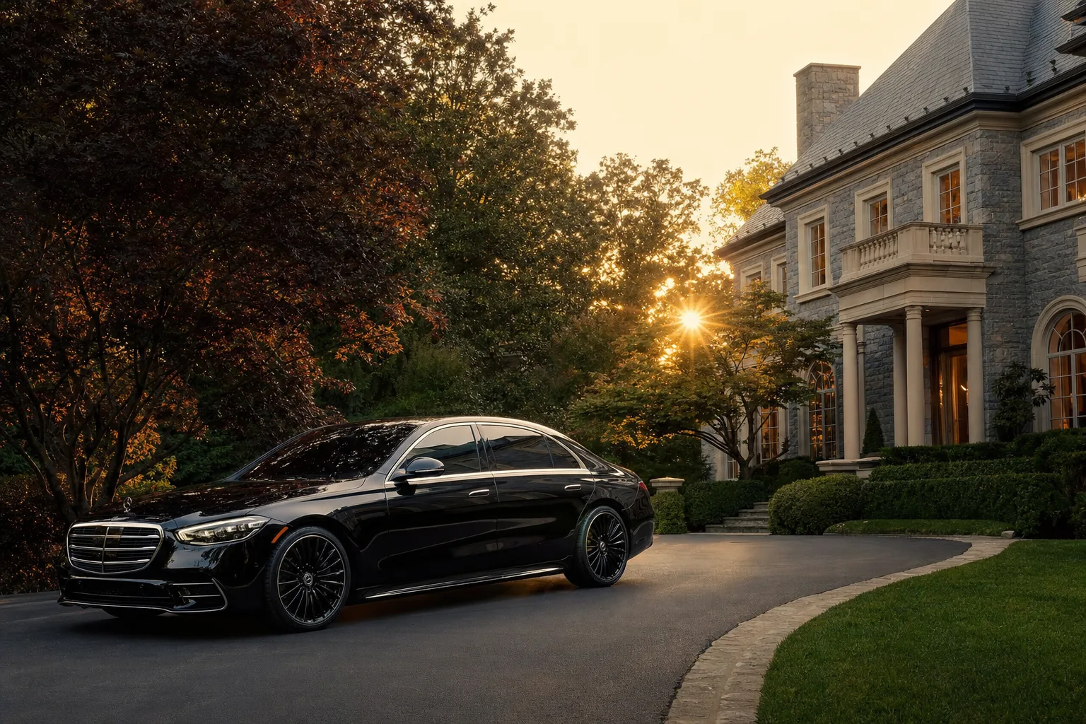 Black Mercedes-Benz S580 sedan in Oakton, VA at golden hour, Monarch luxury chauffeur service