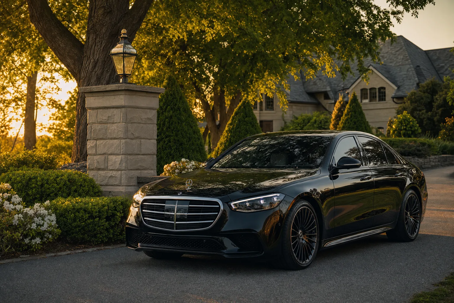 Black Mercedes-Benz S580 sedan in Olney, MD at golden hour, Monarch luxury chauffeur service