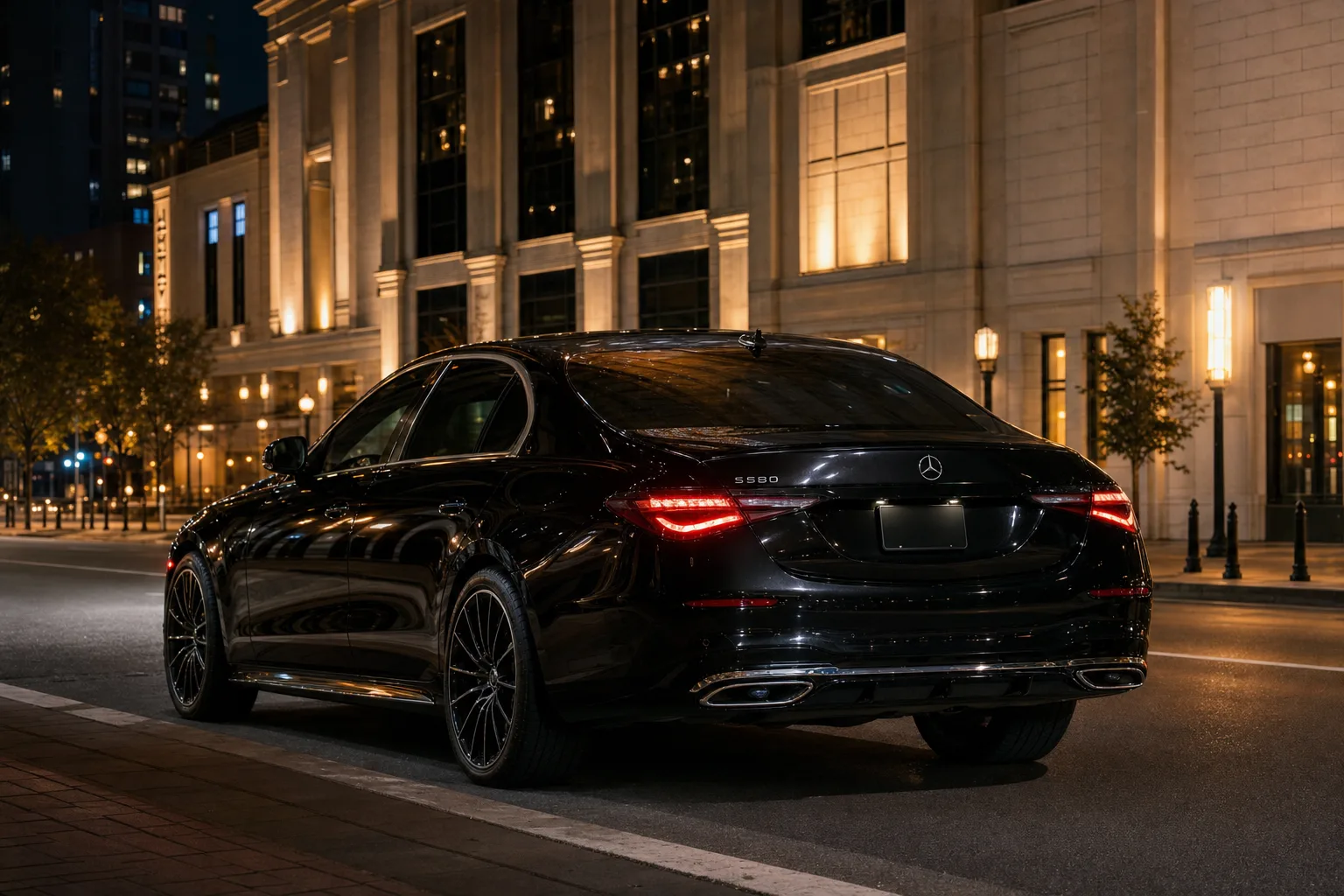 Black Mercedes-Benz S580 sedan in Penn Quarter, DC at golden hour, Monarch luxury chauffeur service