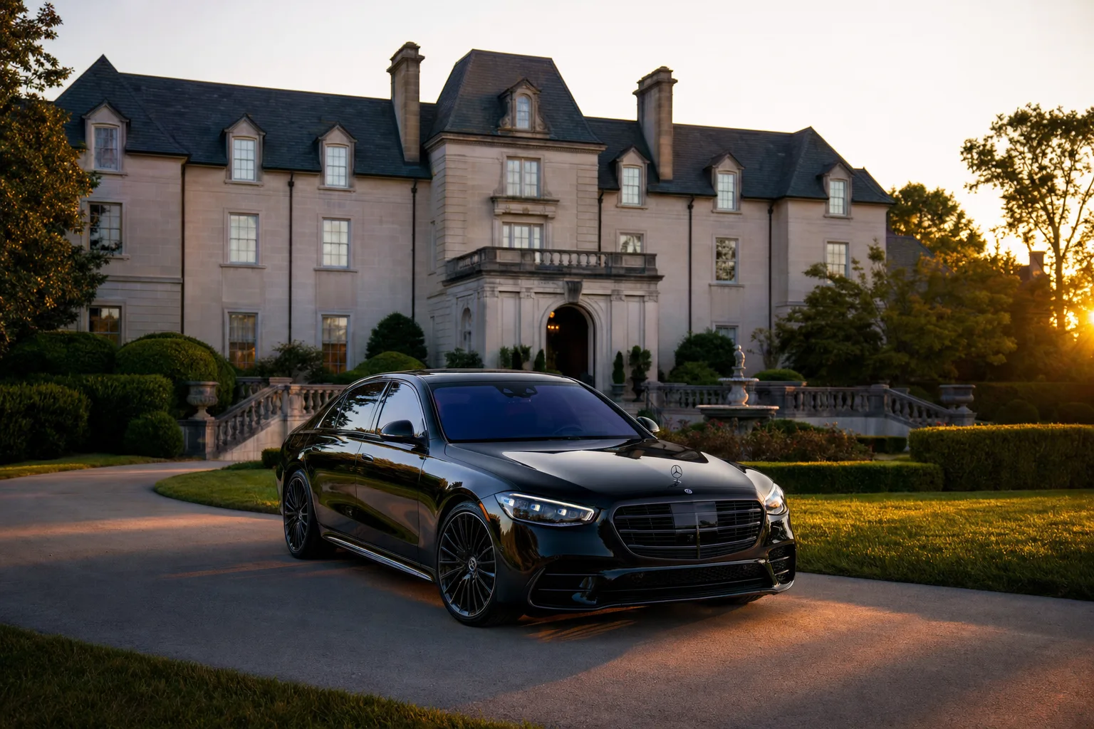 Black Mercedes-Benz S580 sedan in Potomac, MD at golden hour, Monarch luxury chauffeur service