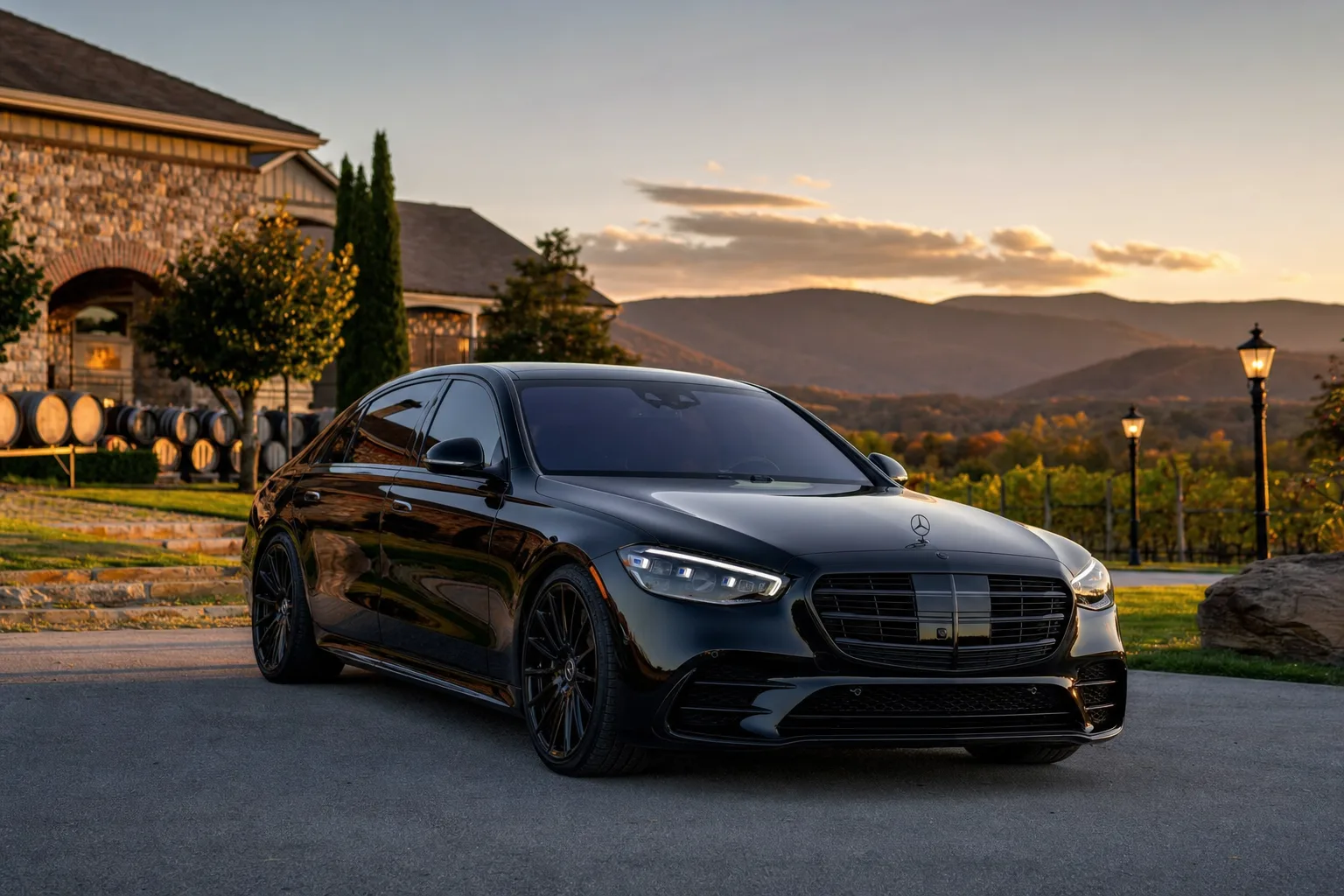 Black Mercedes-Benz S580 sedan in Purcellville, VA at golden hour, Monarch luxury chauffeur service