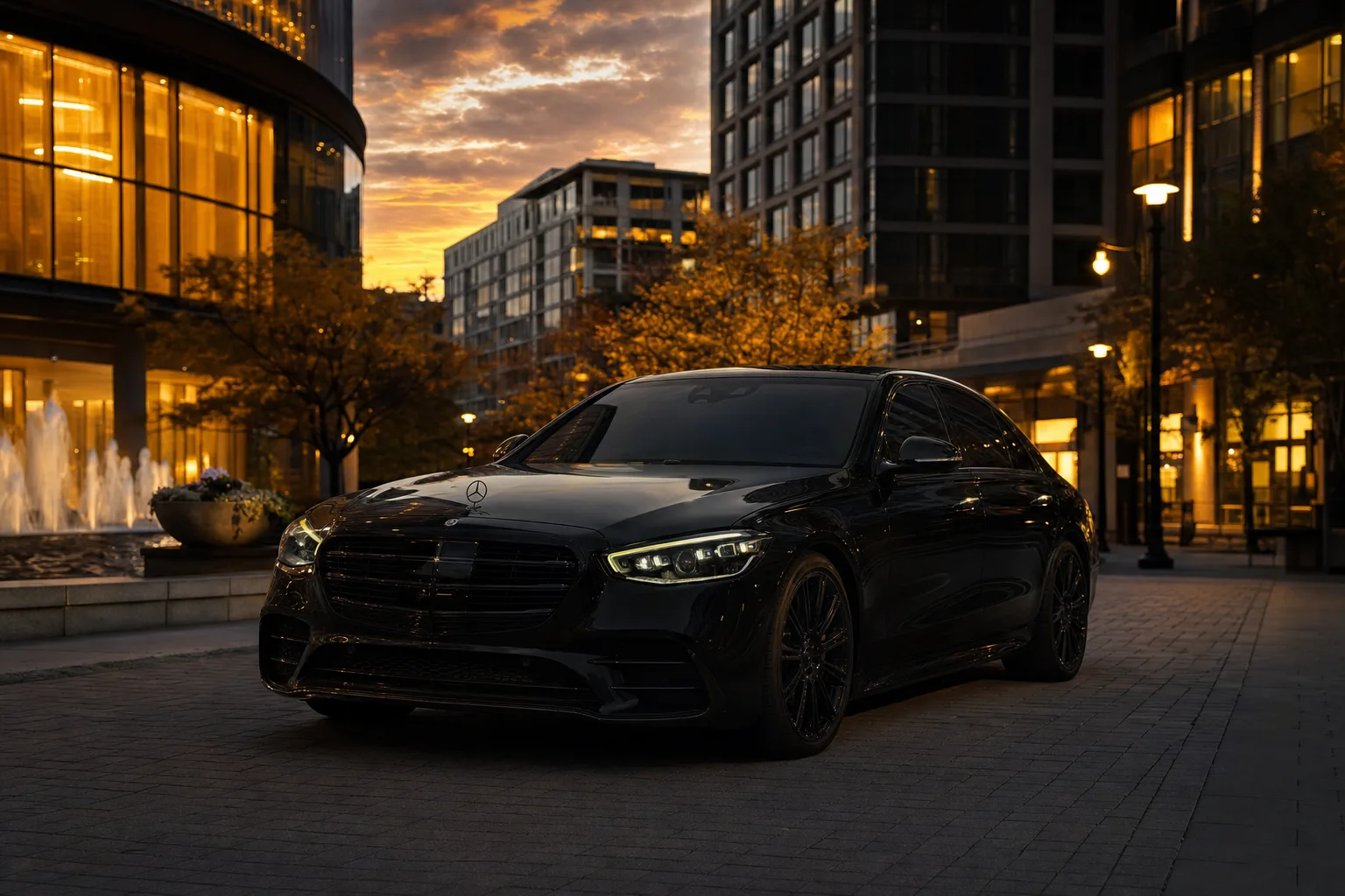 Black Mercedes-Benz S580 sedan in Reston, VA at golden hour, Monarch luxury chauffeur service