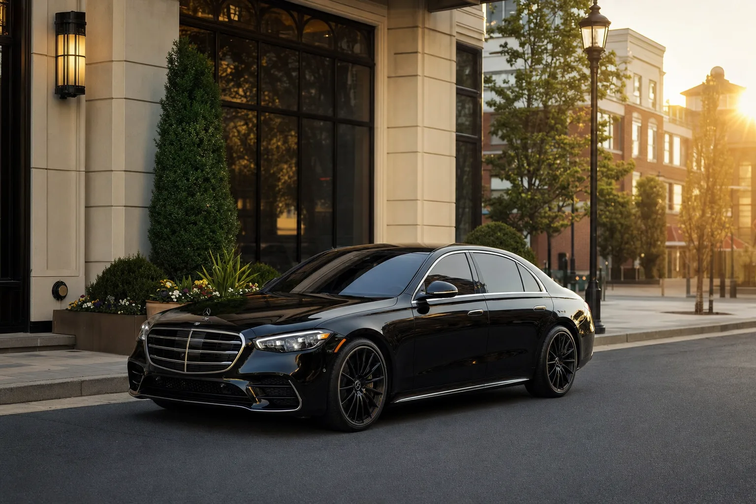 Black Mercedes-Benz S580 sedan in Rockville, MD at golden hour, Monarch luxury chauffeur service