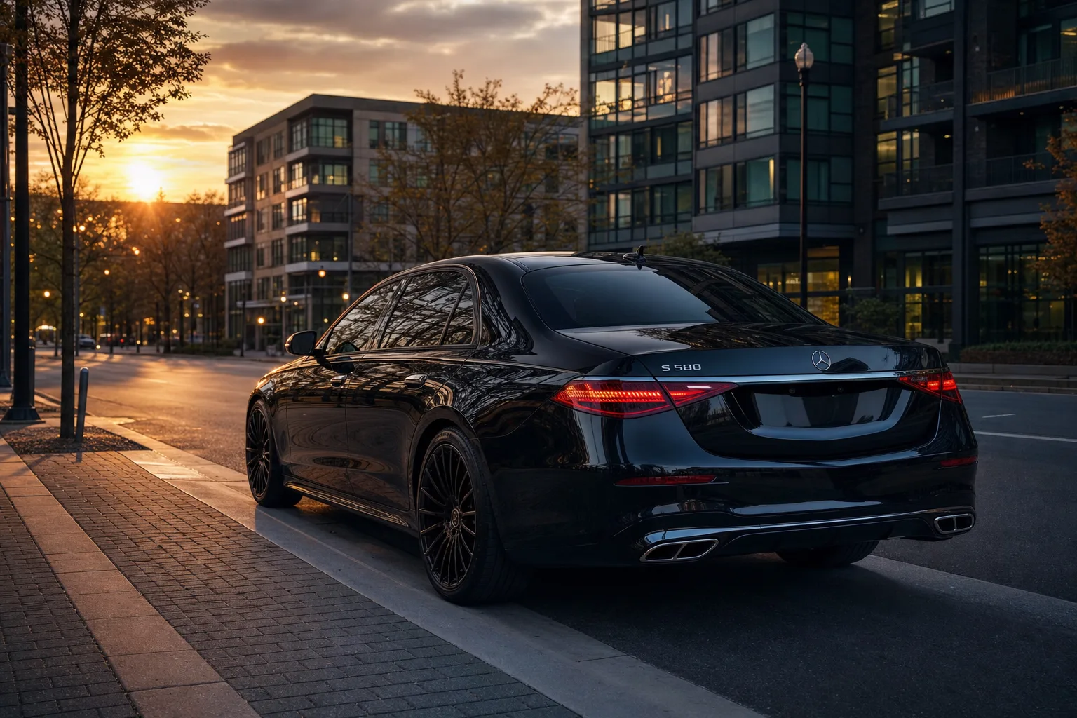 Black Mercedes-Benz S580 sedan in Silver Spring, MD at golden hour, Monarch luxury chauffeur service