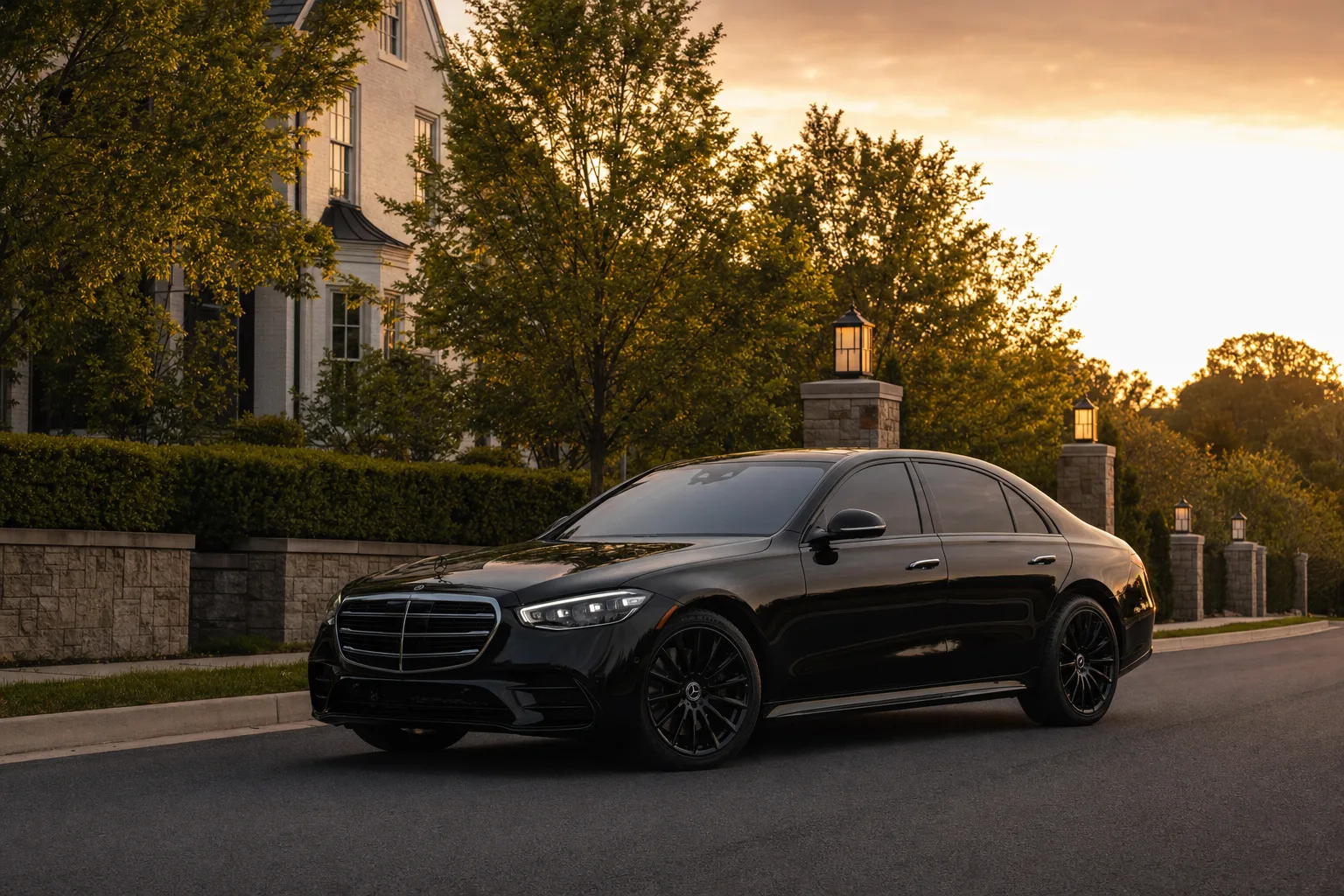 Black Mercedes-Benz S580 sedan in South Riding, VA at golden hour, Monarch luxury chauffeur service