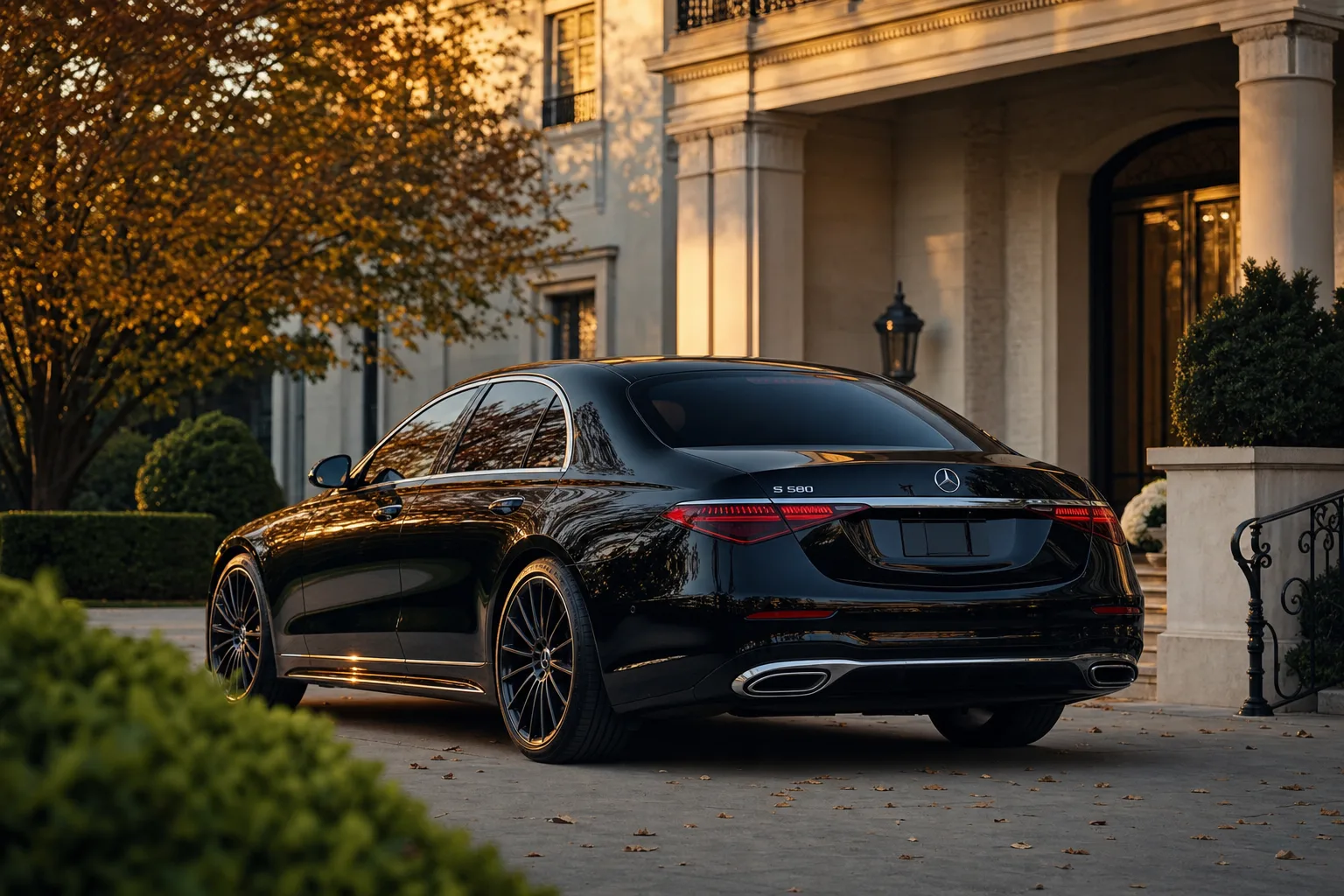 Black Mercedes-Benz S580 sedan in Spring Valley, DC at golden hour, Monarch luxury chauffeur service