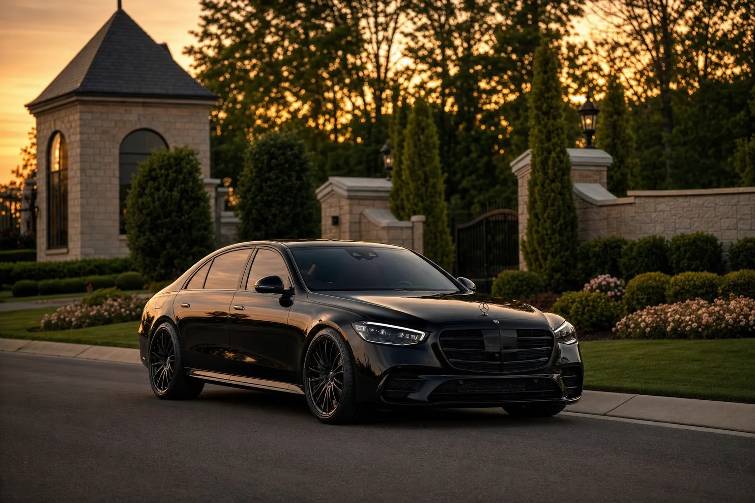 Black Mercedes-Benz S580 sedan in Stone Ridge, VA at golden hour, Monarch luxury chauffeur service