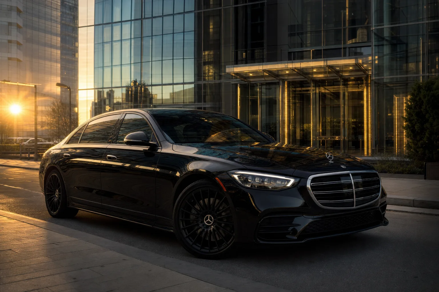 Black Mercedes-Benz S580 sedan in Tysons, VA at golden hour, Monarch luxury chauffeur service