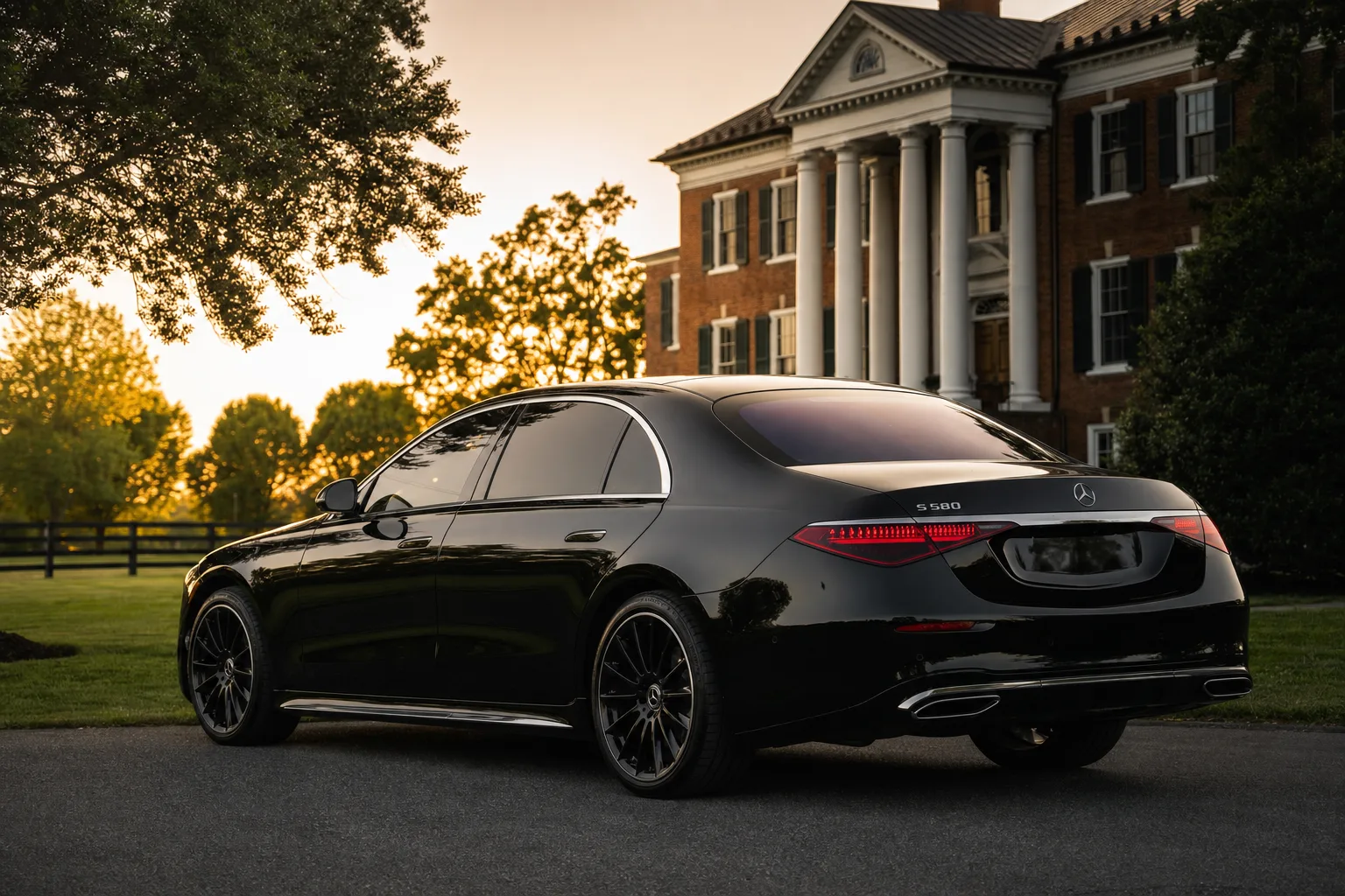 Black Mercedes-Benz S580 sedan in Upper Marlboro, MD at golden hour, Monarch luxury chauffeur service