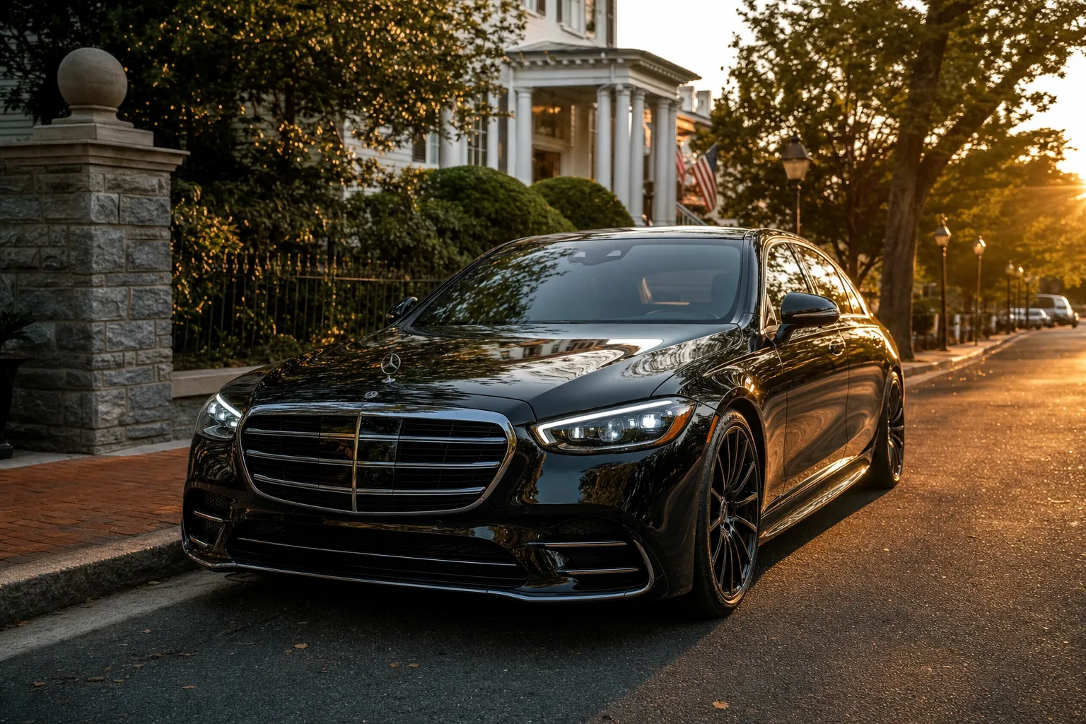 Black Mercedes-Benz S580 sedan in Vienna, VA at golden hour, Monarch luxury chauffeur service