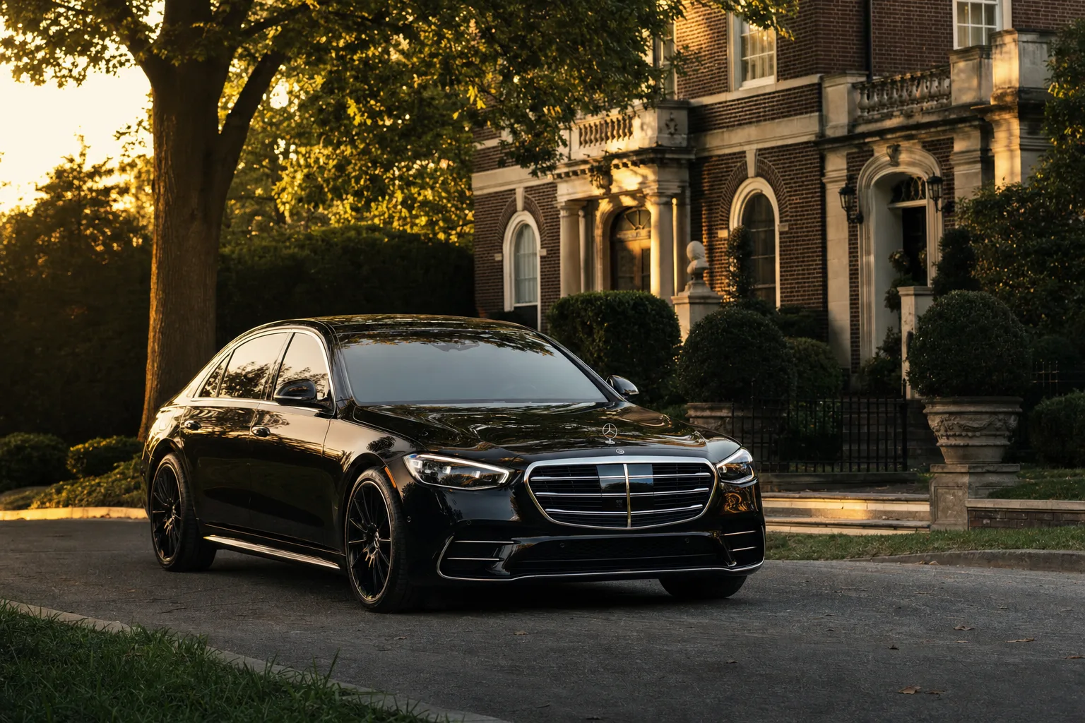 Black Mercedes-Benz S580 sedan in Wesley Heights, DC at golden hour, Monarch luxury chauffeur service