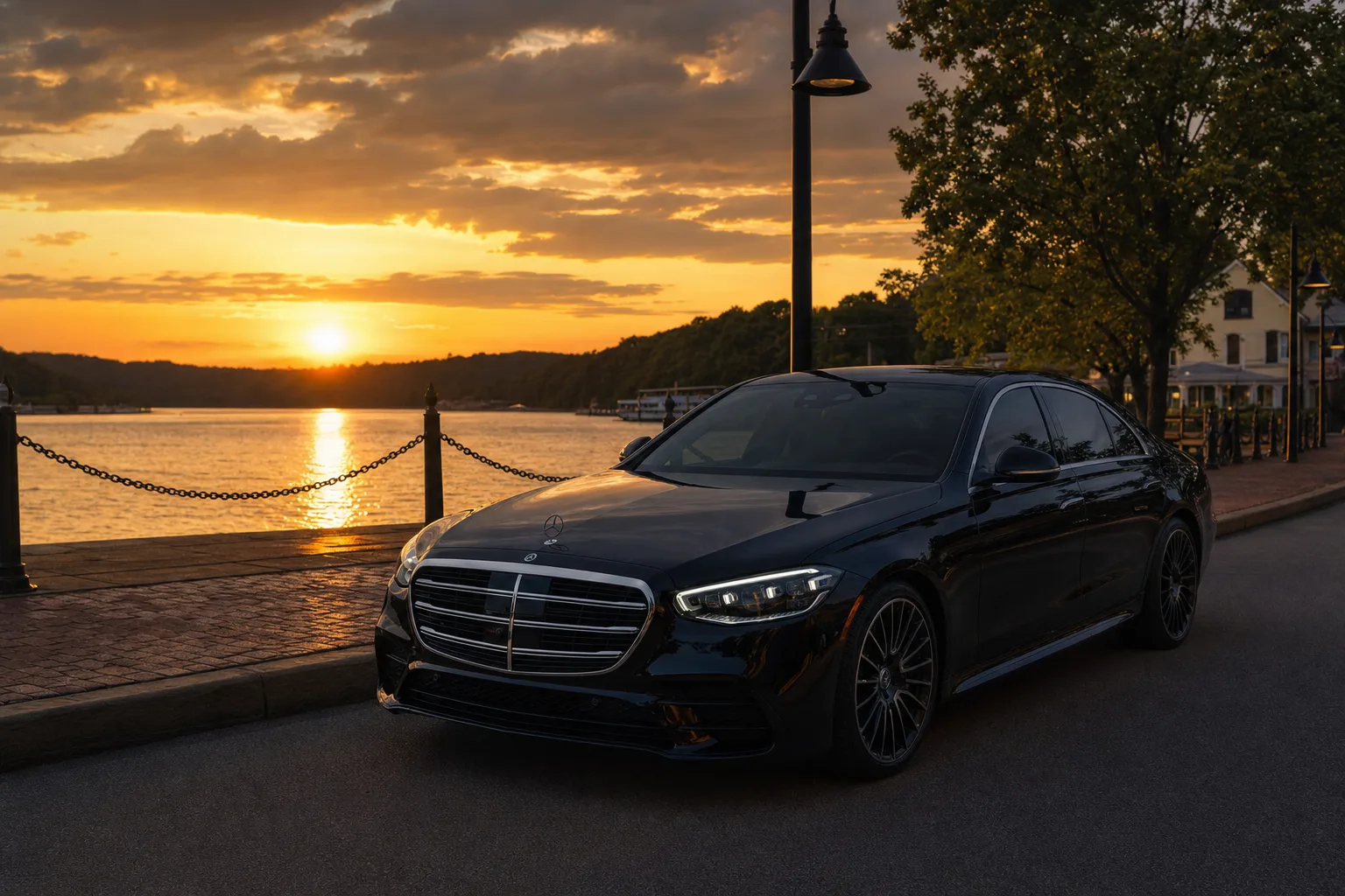 Black Mercedes-Benz S580 sedan in Woodbridge, VA at golden hour, Monarch luxury chauffeur service