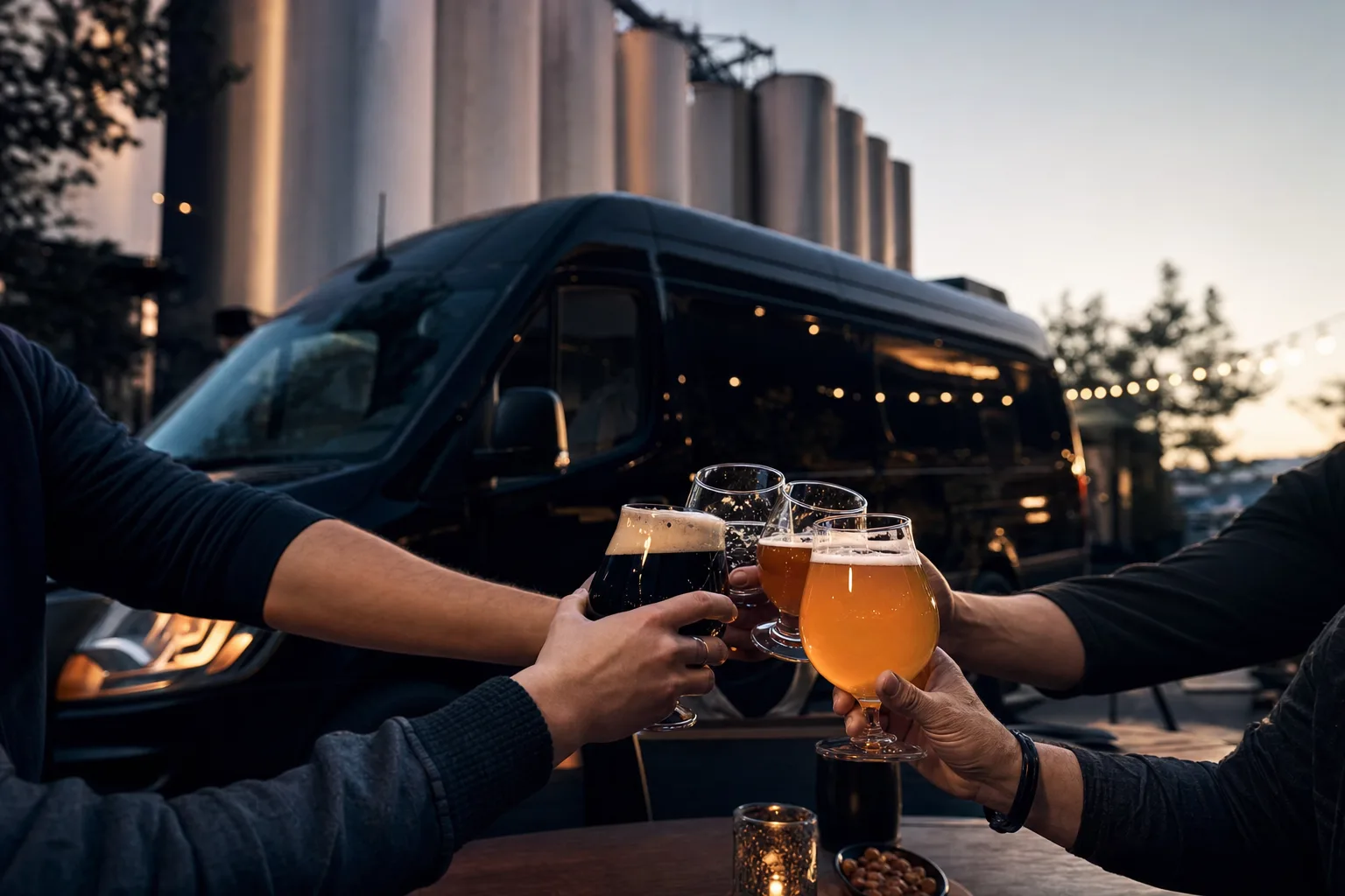 Group toasting craft beer outside a brewery with a black luxury van behind