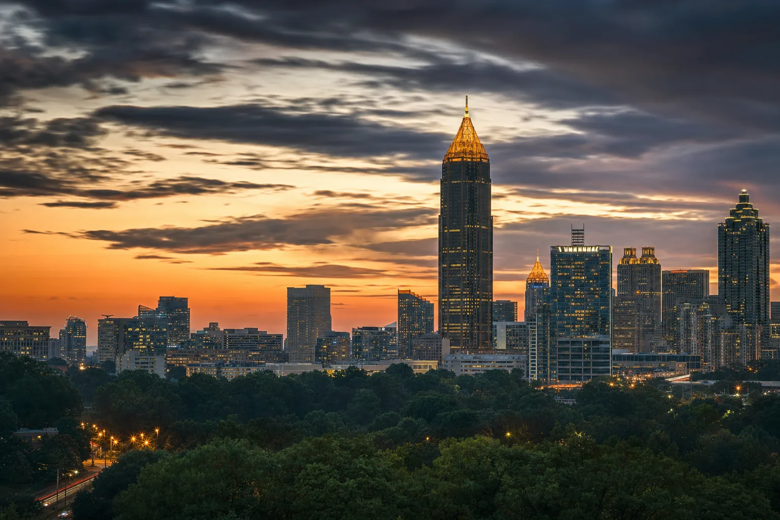 Atlanta, GA skyline at dusk, served by Monarch chauffeur service