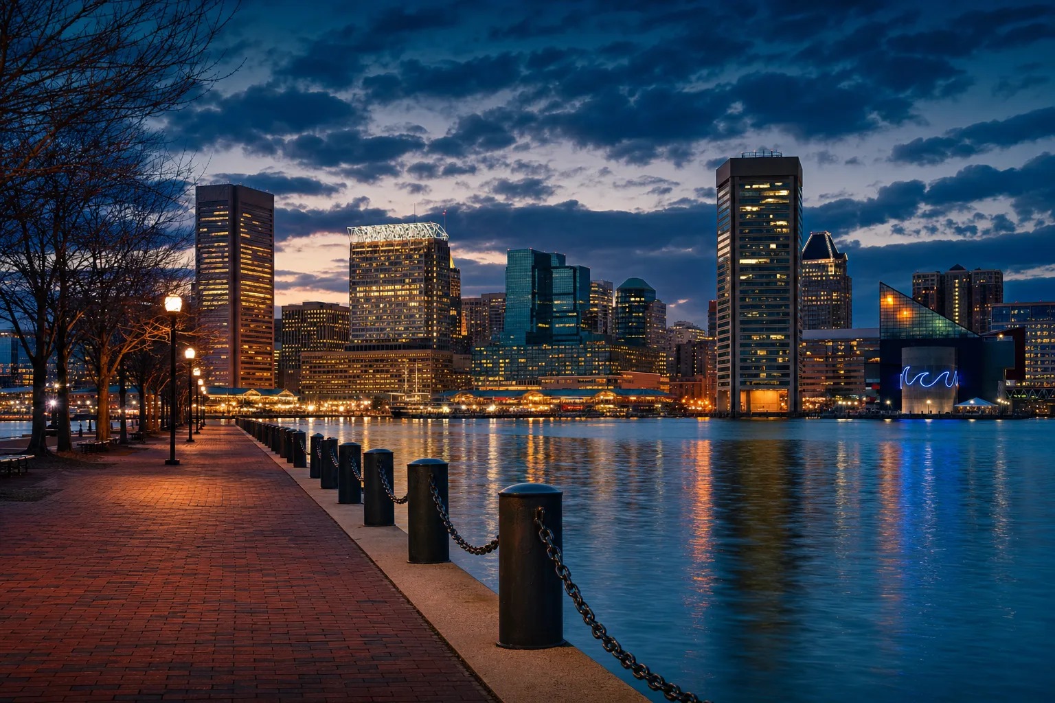 Baltimore, MD skyline at dusk, served by Monarch chauffeur service