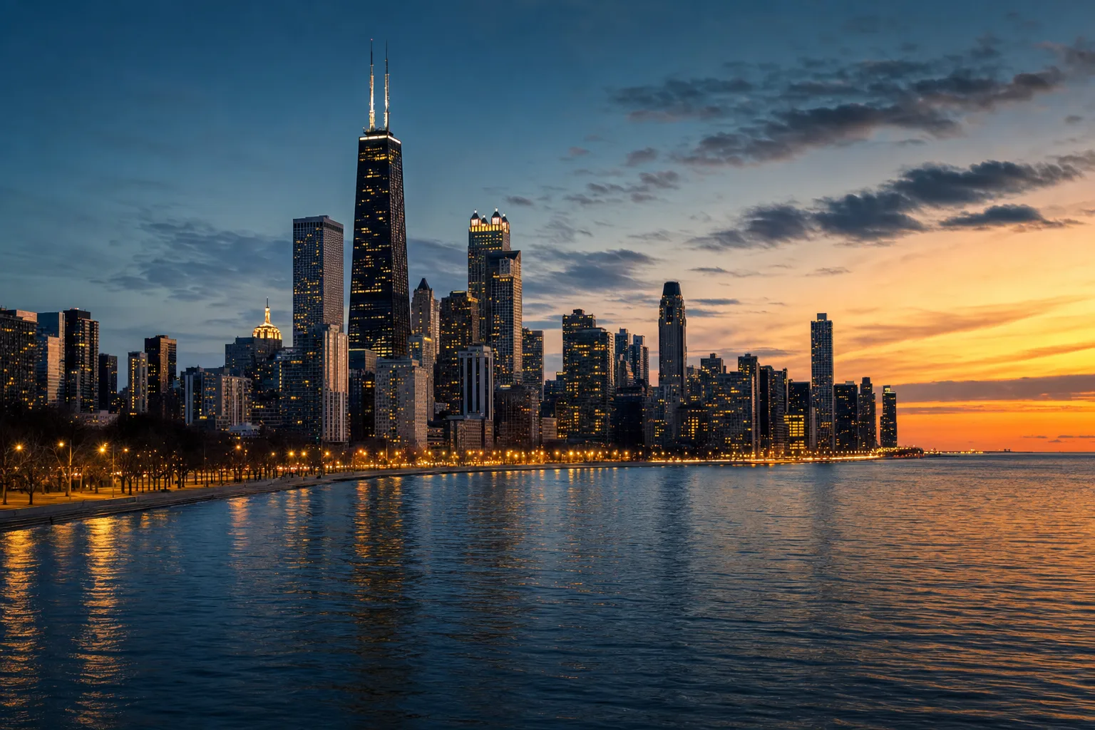 Chicago, IL skyline at dusk, served by Monarch chauffeur service
