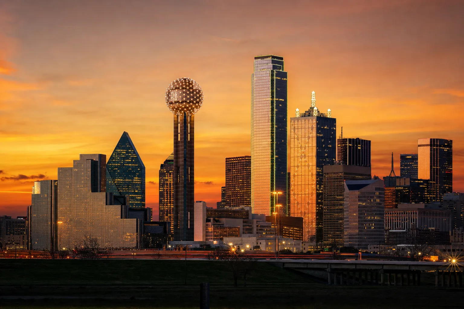 Dallas, TX skyline at dusk, served by Monarch chauffeur service