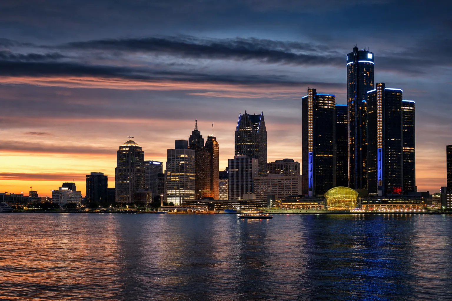 Detroit, MI skyline at dusk, served by Monarch chauffeur service