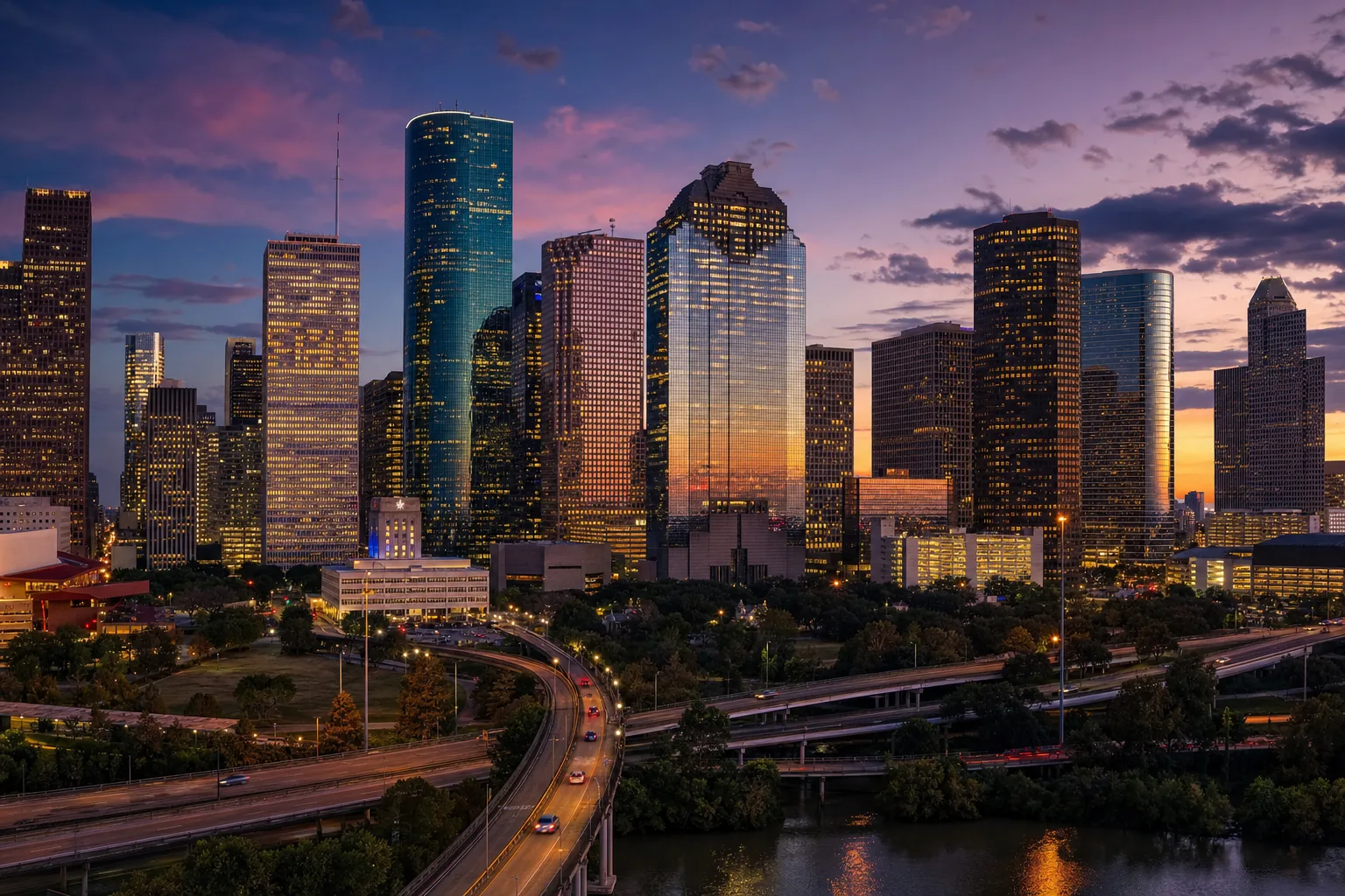 Houston, TX skyline at dusk, served by Monarch chauffeur service