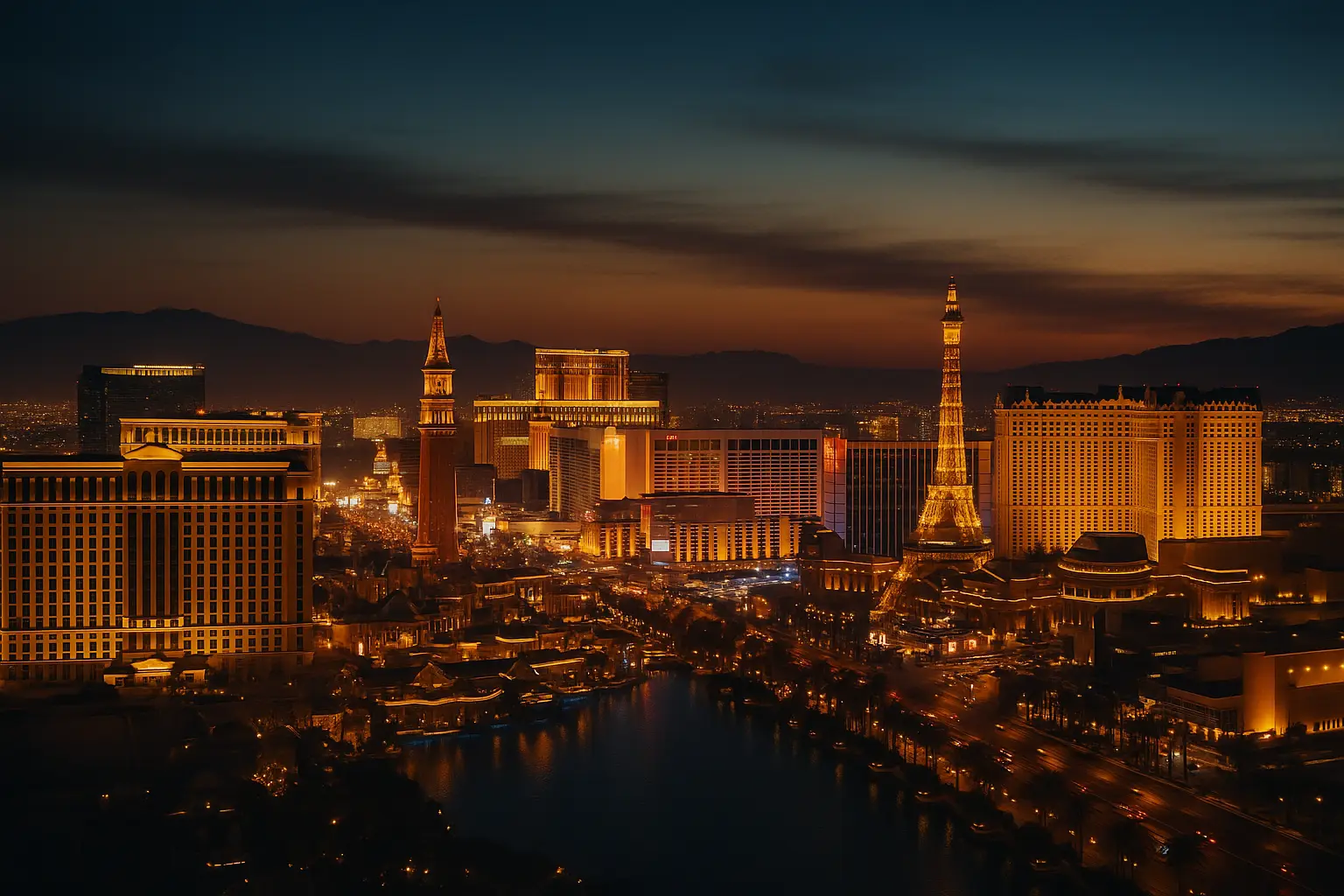 Las Vegas, NV skyline at dusk, served by Monarch chauffeur service