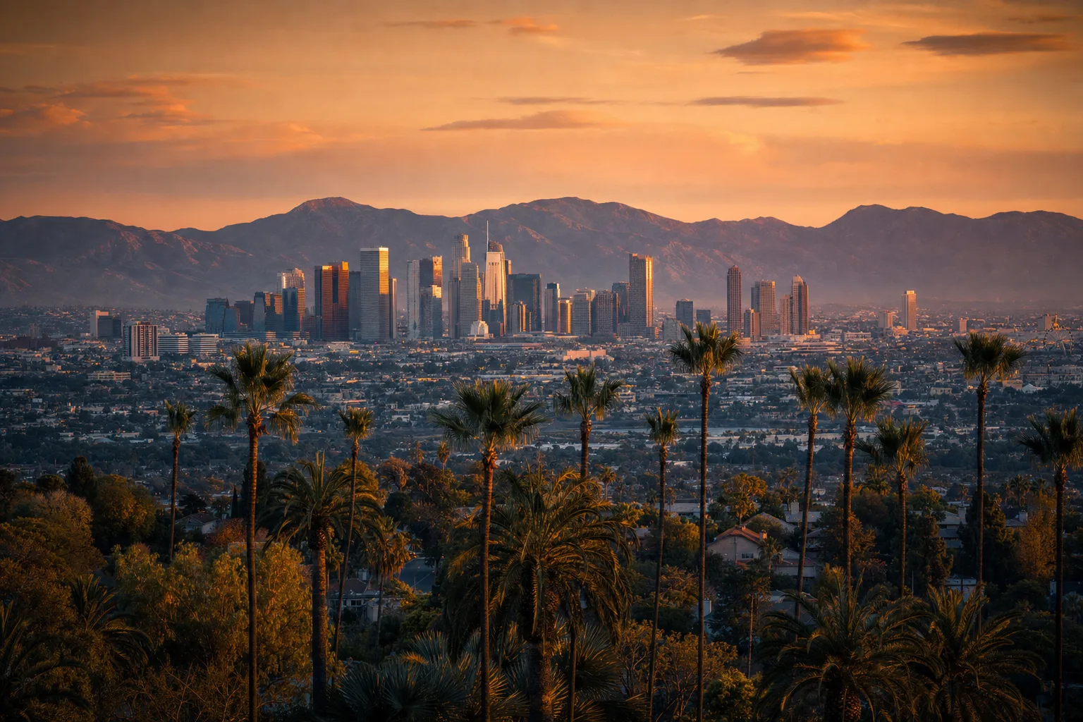 Los Angeles, CA skyline at dusk, served by Monarch chauffeur service